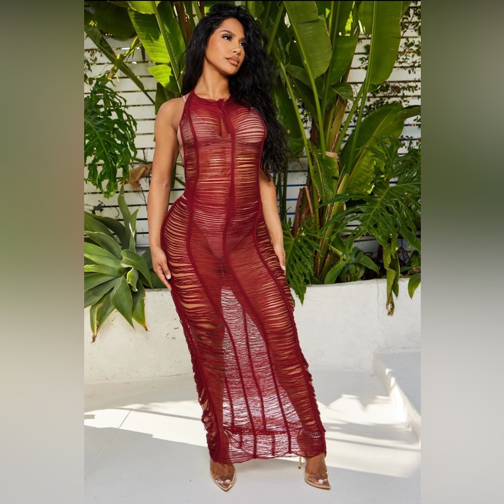 Fashion Nova Relaxing All Summer Crochet Cover Up Maxi Dress Wine Swim Plus Size